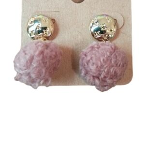 Gold Tone Hammered Stud Dusty Pink Fuzzy Pom Pom Drop Earrings Quirky